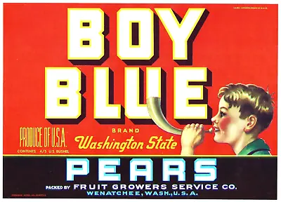 Original BOY BLUE Pear Crate Label Fruit Growers Service Wenatchee Wash Boy Horn • £5.78
