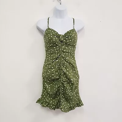 Zara Womens Polka Dot Mini Dress Size M Green Linen Viscose Blend Ruched Retro • $22.39