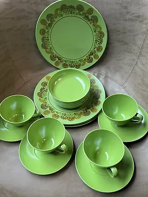 Vintage Retro Avocado Green Melamine Mushrooms Dinner Set 16 Pieces Melmac? 60s • $79