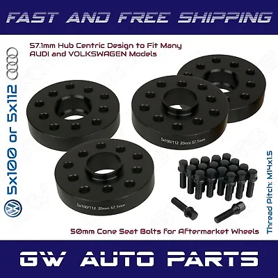 4 20mm 5x100/5x112 Audi Volkswagen Hub Centric Wheel Spacer Kit  Cone Seat Bolts • $114.86