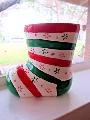 Vintage Striped Santa Boot Christmas Candy Holder Planter 5” Tall Ceramic • $18