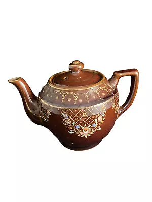 Vintage Chocolate Brown Glazed Teapot ~ Gold Trim & Oriental Floral Desgn ~Japan • $16.33