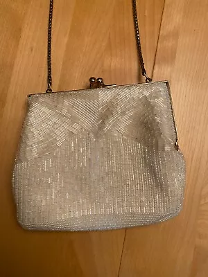 Vintage MAGID Sequin Hand Made IVORY Evening Clutch Handbag Shoulder Purse • $24.99