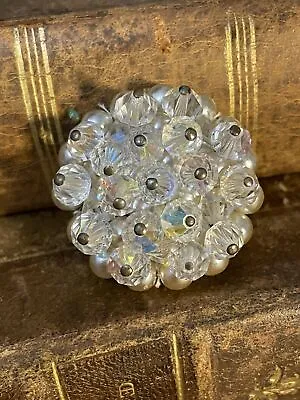 Vintage Brooch Old Jewelry Retro Large Glass Stones Rhinestones Aurora Boreal • $30.53