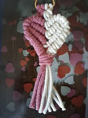 Macramé Heart Halves Key Chain - Blossom Pink & Natural - Adorable Design! • £6