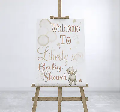 Personalised Baby Shower Welcome Party Sign Teddy Bear Blue Pink Neutral Board • £7.50