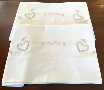 Vintage Embroidered Set Of 2 Flower And Hearts King Pillowcases  Mine And Yours  • $14