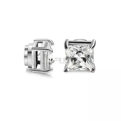 PAIR Diamond Cut Magnetic Men Women Square Sparkling Clip On Ear Studs Earrings • £3.79