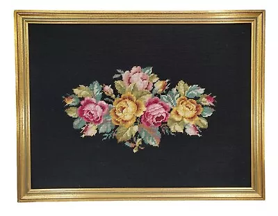 Large Vintage Rose Needlepoint Complete Framed No Glass Black Roses Floral • $49.99