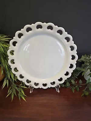 Vintage Milk Glass 13  Cake Serving Dish Platter Reticulated Scalloped Heart Rim • $21