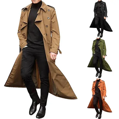 Men's Double Breasted Trench Coat Fashion Solid Casual Long Jacket With Belt • $33.33