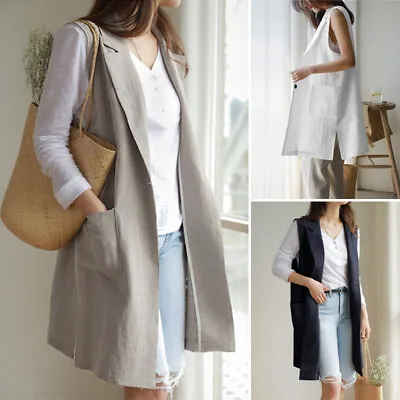 Women's Ladies Sleeveless Long Duster Coat Waistcoat Smart Formal Blazer Jacket • £8.27