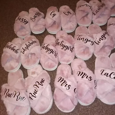 Personalised Faux Fur Fluffy Slippers Open Toe Any Name Or Text Women Slippers • £14.99