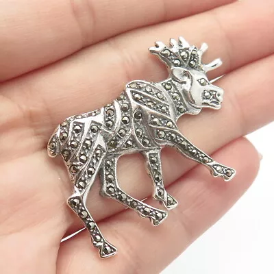 925 Sterling Silver Vintage Real Marcasite Gem Moose Pin Brooch • $68.99