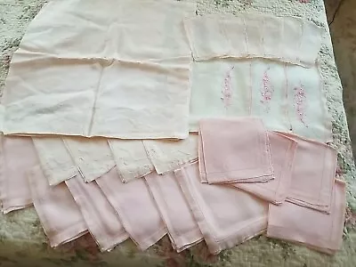 Vintage Madeira Pink Shadow Work Organdy Tablecloth Coasters Napkins Linen Lot • $65