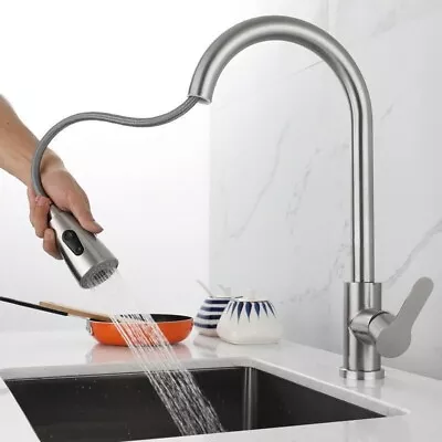 Faucet Sink Brushed Nickel Kitchen Mixer Faucet Pull Down Sprayer Single Handle • $21.84