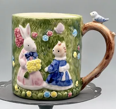 Vintage Takahashi Japan Majolica Ceramic Mug Rabbit Cat Duck Bluebird Spring • $12.99