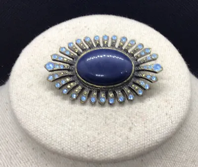 Vintage Gold Tone Costume Blue Glass Cab Stone & Blue Rhinestone Pin MM567 • $8.99