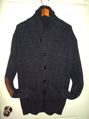 J. Crew Sweater Cardigan Shawl Collar Cable Knit Suede Elbow Patch Mens L Blue • $45