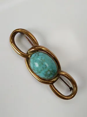 Vintage Art Deco Turquoise Hubble Glass Cabouchon And Gold Tone Pinchbeck Brooch • £25