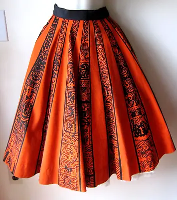 Vtg 50s Mexican TEL-ART Hand Painted Circle Skirt 26  Waist~Black/Orange Aztec • $342.63