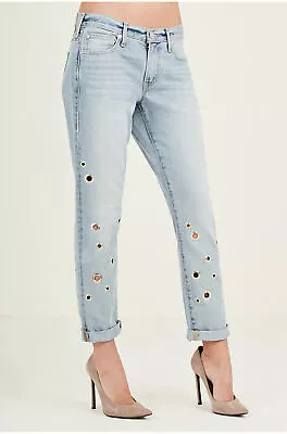 True Religion Women's Embellished Cameron Grommet Boyfriend Jeans In Cloud Nine • $59.98