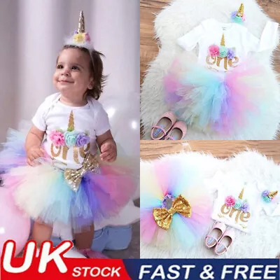 3PCS Baby Girl 1st Birthday Outfit Party Unicorn Romper Cake Smash Tutu Dress • £11.78