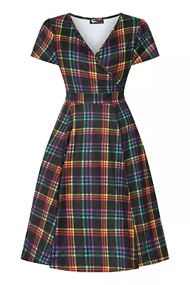 Pride Rainbow Tartan Lyra Dress Size 16-32 Black Retro 50s • £58