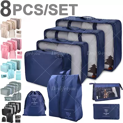 8PCS Packing Cubes Luggage Storage Organiser Travel Compression Suitcase Bag AU • $10.99