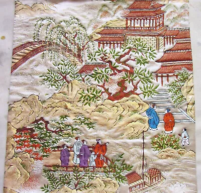 Vintage Japanese Kimono Wedding Fukuro Obi Silk Piece Landscape With Temple Boat • £4.99
