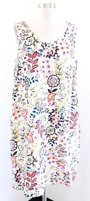 J Jill Love Linen White Colorful Floral Print V Neck Shift Dress Sz M Sleeveles • $29.99