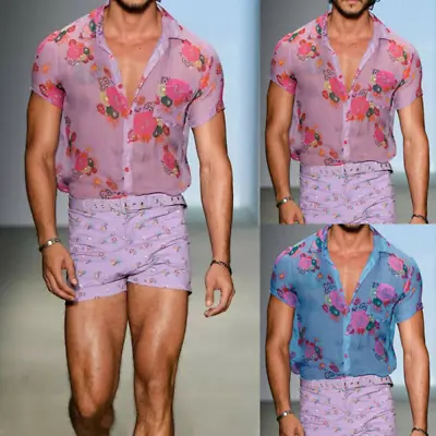 Mens Summer Sexy Floral See-Through Tops Short Mesh Sleeve Shirts T-Shirt Blouse • £22.79