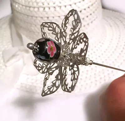 £16.73 • Buy HATPIN With Splendid CLASSY Silver FILIGREE Flower With Lampwork Centerpiece 10 