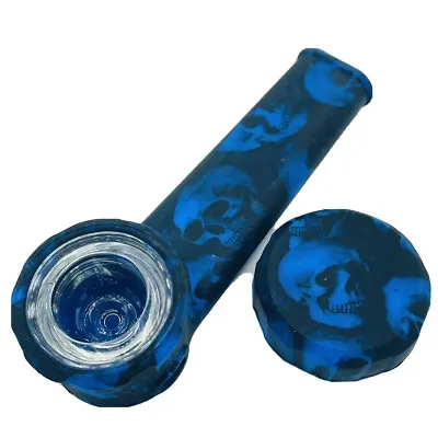 $7.99 • Buy Silicone Smoking Pipe With Glass Bowl & Cap Lid | Blue Skulls