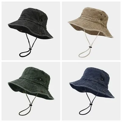 Men Bucket Hats With String Wide Brim Fishing Hiking Sun Protection Caps Vintage • $25.03