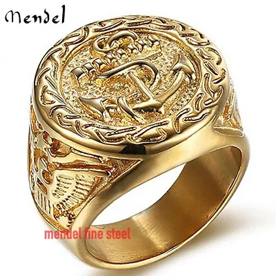 MENDEL Mens Gold Plated USN US Navy Nautical Anchor Ring For Men Size 7 8 9-15 • $18.99