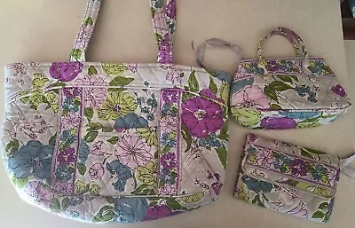 Vera Bradley Grey Purple Watercolor Floral Zipper Pocket Tote Bag Purse + Wallet • $20