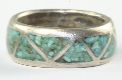 Vtg 1970's Mens Sterling Silver Inlaid Crushed Turquoise Band Ring Size 5.5 • $87.50