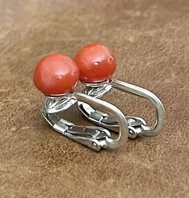 Vintage Red Coral Bead Stud Earrings 925 Sterling Silver Clip-on Non Pierced • $19.99