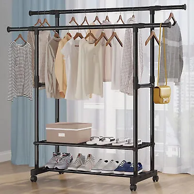 Heavy Duty Clothing Garment Rack Rolling Clothes Organizer Double Rails Hanging • $33.59