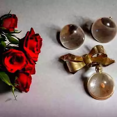 Antique Photo Globe Gold Bow Brooch With Mustard Seed Inside/photo Globe Earring • $69