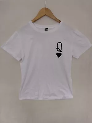 SHEIN Size M White Black Queen Of Hearts Tshirt Crew Neck Short Sleeve  • £6.99