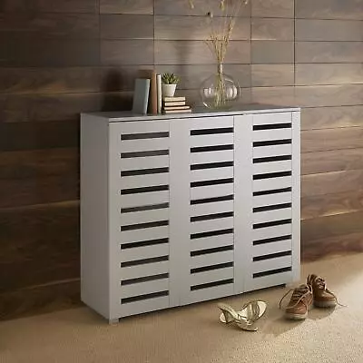 Oslo 3 Door Grey Wooden Shoe Storage Cabinet Rack Stand Cupboard Slatted Doors • £119.99