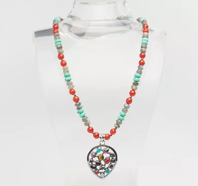 Chunky Vintage Sterling Silver Carnelian Turquoise Labradorite Beaded Necklace • $75