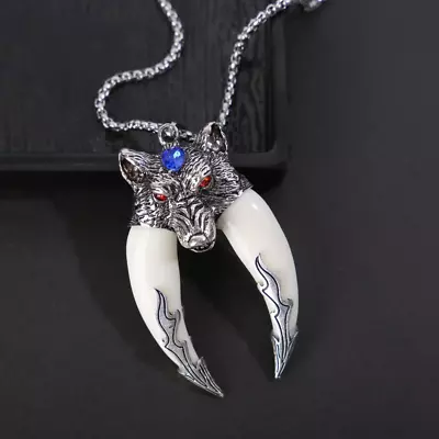 Men's Fashion Jewelry Silver Wolf Tooth Ivory Pendant Necklace 455 • $11.20