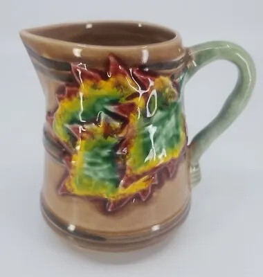 Vintage Caldas Portugal Majolica Pottery Brown Maple Leaves Pitcher #1110 4.5  T • $14.99