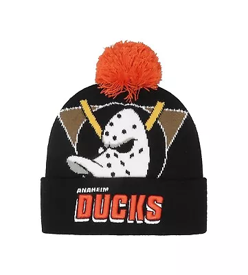 Mitchell & Ness Men's Beanie NHL Anaheim Ducks Punch Out Black Pom Knit Hat • $20