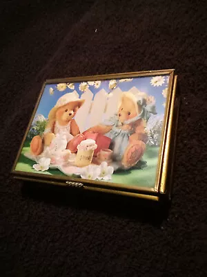 Vintage 4x3x1  VIA VERMONT Trinket Box Teddy Bears Tea Party Rose Glass & Brass • $17.89