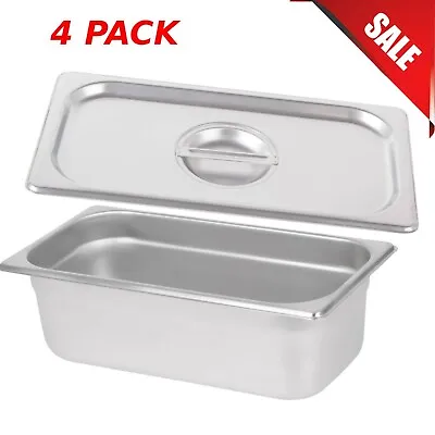 4-PACK 1/3 Size Stainless Steel W/ LID Steam Buffet Prep Table Food Pan 4  Deep • $79.37