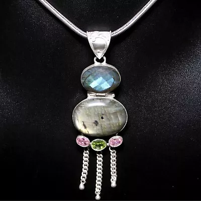 Labradorite Peridot & Rose Quartz Pendant Necklace Cabochon Designs Oxidized  • $38.80